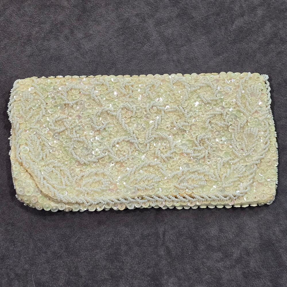 Vintage Bon Soir White Satin Italian Beaded Sequin Evening Clutch Purse